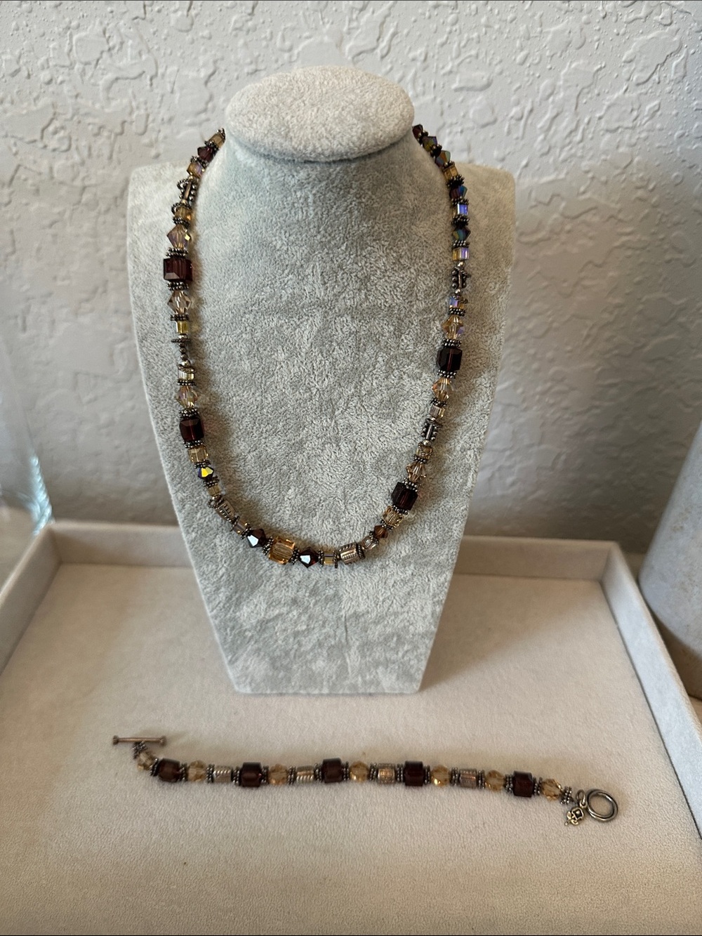 Brown and Silver Glass Faceted Bead Necklace with Matching Bracelet